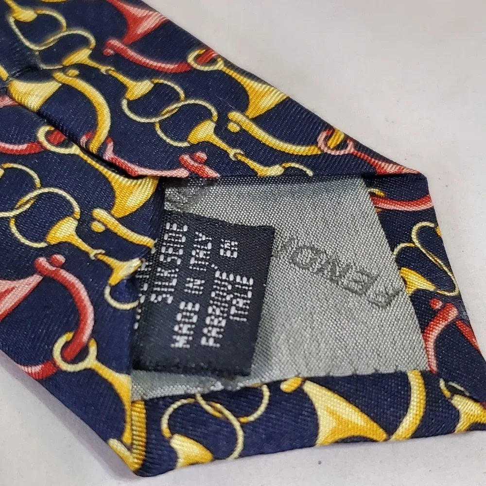 FENDI Mens Neck Tie horsebit stirrup pattern Black Gold Burgundy Silk Italy